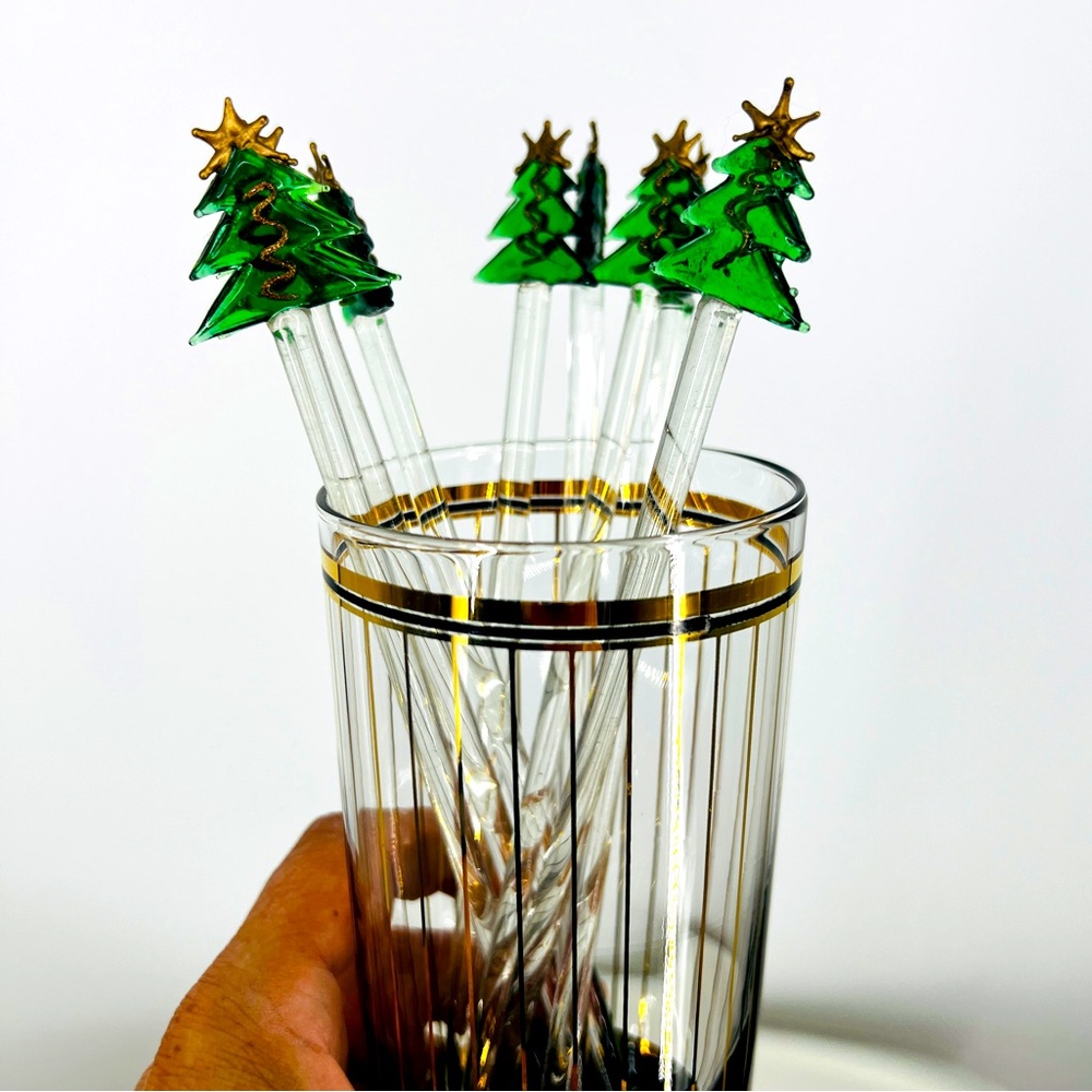 VTG Pier One Festive Holiday Christmas Tree Drink Glass Stirrers Hand Blown MINT
